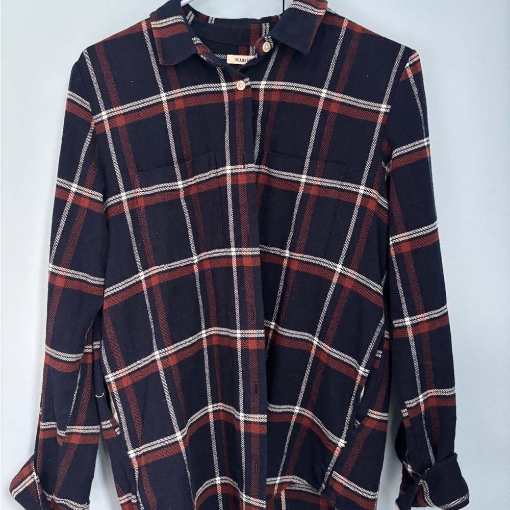 Thread & Supply Red and Blue Cozy Relaxed Fit Plaid Button-Up Shirt with Pockets